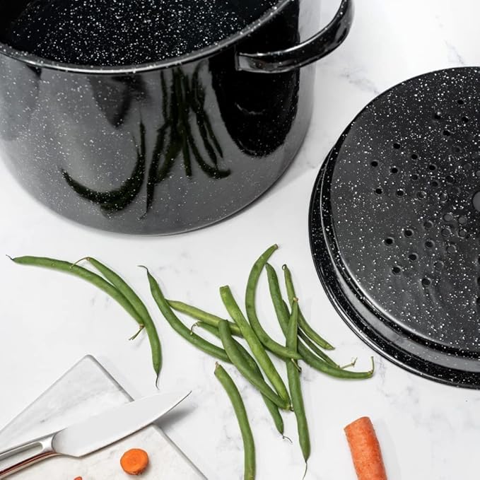Granite Ware 15.5 Qt Steamer Pot With Rack, Black - Multi-Tier Steam Pot for Cooking Tamales, Seafood, Vegetables - Durable Porcelain Cookware with Steel Core - Everyday Versatile Cookware
