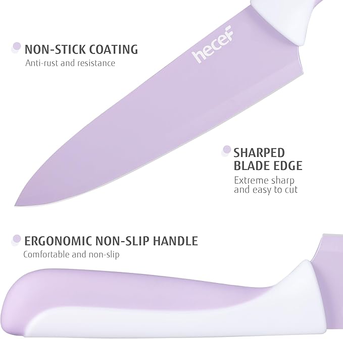 hecef 15 Pieces Kitchen Knife Set with Built-in Sharpening Wooden Block, Dishwasher Safe, High Carbon Stainless Steel Knife Block Set with Steak Knives, Kitchen Scissors, Purple