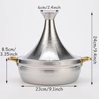 Moroccan Tagine Cooking Pot,Stainless Steel Non Stick Moroccan Casserole with 2 Handles,Large Moroccan Cooker Handmade Tagine Pot with Cone-Shaped Lid(23cm, Silver)