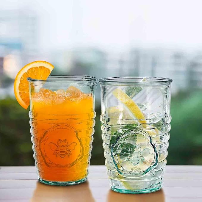 COURONNE CO. Clear Recycled Drinking Glass Tumbler, Perfect for Cocktails, Refreshments & Everyday Use, Restaurant Grade, Crafted without lead-based materials (11.2 Oz, Bee), Pack of 6