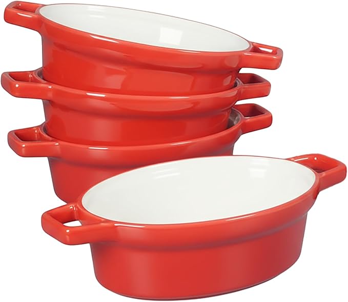 Ceramic Casseroles Dishes 6" x 5", Lug Soup Bowl for Cooking and Au Gratin Baking, Set of 4, Heat Resistant Oval French Onion Soup Bowl, Small Casserole dish, Microwave and Oven Safe, Red