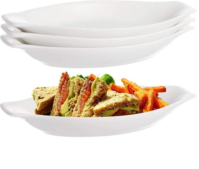 4 Piece Oval Au Gratin Baking Dishes Set, 8 X 4 In Ceramic Banana Split Boats, Oven & Microwave Compatible Mini Casseroles With Handles