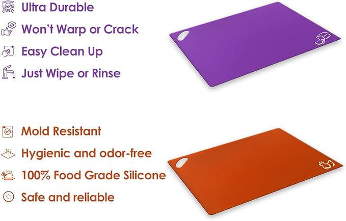 EMMANA - Plastic cutting board for kitchen. Set of 8 – 6 Color-Coded Flexible Plastic Mats with Food Icons + Peeler & Microfiber Towel – BPA-Free, Non-Slip Back, Dishwasher Safe, Durable & Non-Porous