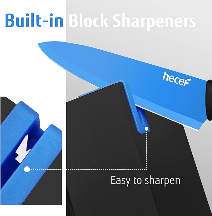 hecef 15 Pieces Kitchen Knife Set with Built-in Sharpening Wooden Block, Dishwasher Safe, High Carbon Stainless Steel Knife Block Set with Steak Knives, Kitchen Scissors (Blue)