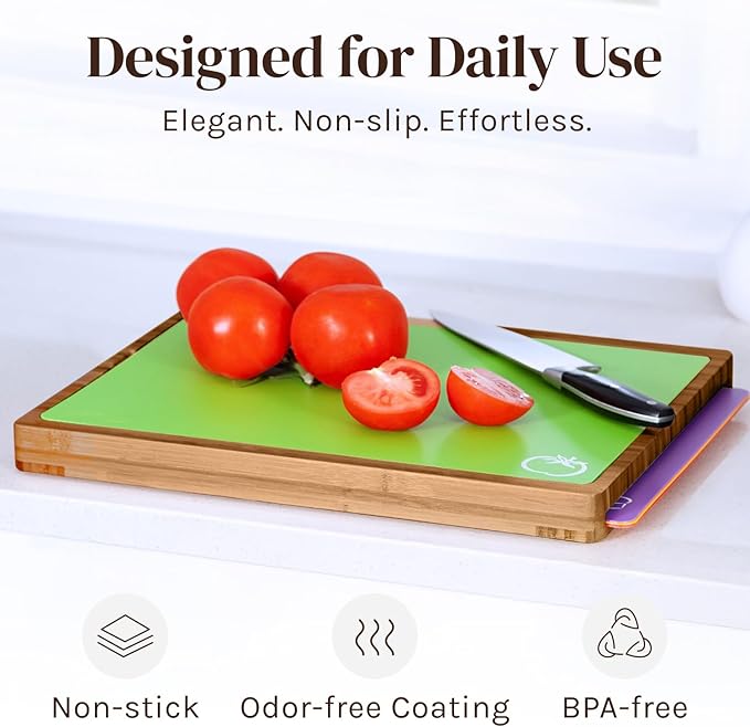 Cooler Kitchen Cutting Boards for Kitchen – Checkered Bamboo Cutting Board Set with 6 Color-Coded Flexible Chopping Mats, Easy Clean Wood and Dishwasher-Safe Plastic, Large 17×12, Knife-Friendly