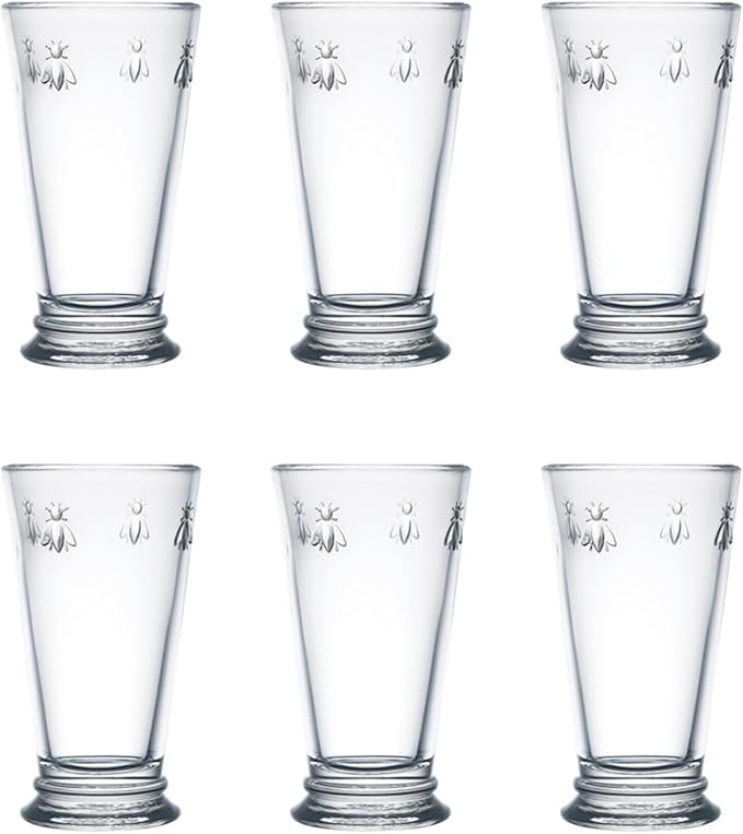 La Rochere, Set of 6, Tall Drinking Glasses (6.3" Tall - High Ball), 15.6 Oz Each, Napoleonic Bee Pattern