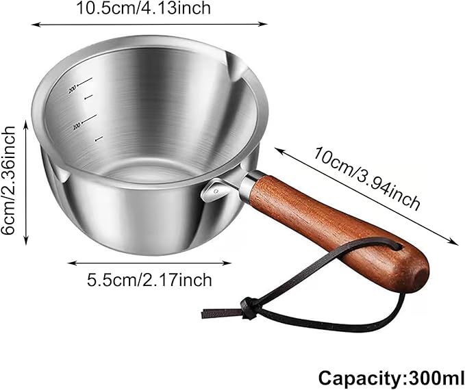 Butter Warmer Pot, Stainless Steel Milk Warmer with Wooden Handle for Seafood, Mini Butter Melting Pot Small Saucepan with Dual Pour Spouts for Stove Top Cooking (300ml)