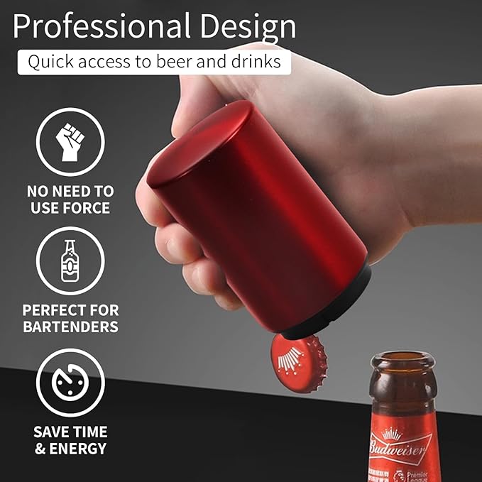 Automatic Bottle Opener Magnetic Stainless Steel Push Down Opener Destapadores de Cerveza, Down-Pop Off Beer Bottle Opener with Magnetic Cap Catcher, Home Bars Kitchen Cool Bartender Tools（red）