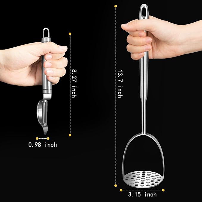 2Pcs Long Handle Large Potato Smasher with Peeler,Mashed Potato Masher,Stainless Steel Masher Kitchen Tool for Bean,Vegetable,Food,Fruit,Salad