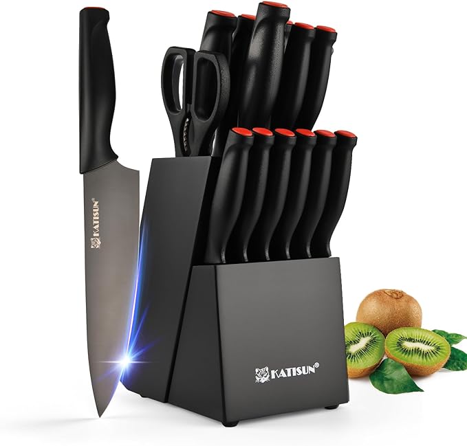 15-Piece Knife Set, High Carbon Stainless Steel Imported From Germany, Beveled Mercerized Blade, Black Titanium Stainless Steel Knives Block Set with Built-in Sharpener, Non-Slip Handles
