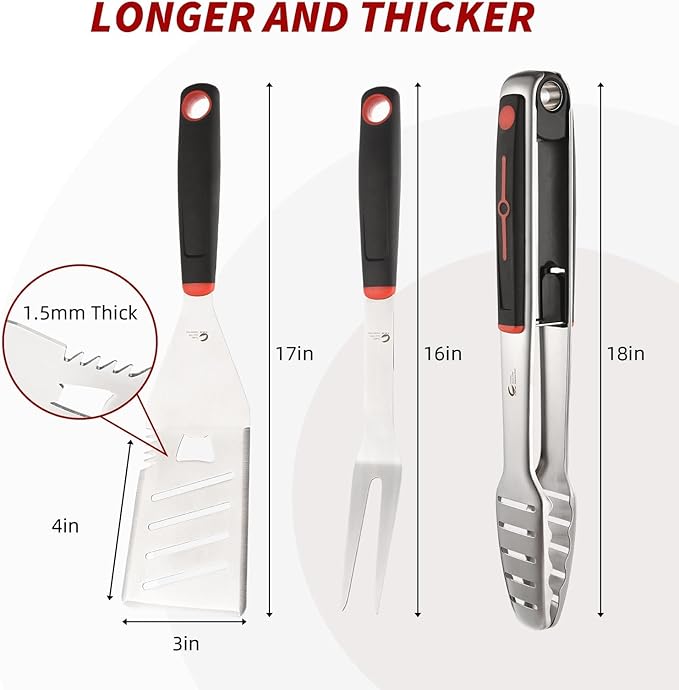 BBQ Tools Set, 4 PCS Heavy Duty Stainless Steel Spatula, Fork, Tongs with Portable Bag, Essential Accessories for Barbecue Outdoor Grill, Grilling Gifts for Men Dad Camp Chef
