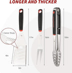 BBQ Tools Set, 4 PCS Heavy Duty Stainless Steel Spatula, Fork, Tongs with Portable Bag, Essential Accessories for Barbecue Outdoor Grill, Grilling Gifts for Men Dad Camp Chef