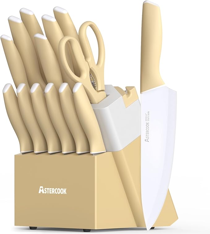 Astercook Kitchen Knife Set with Block and Sharpener 15 Piece Knives Set German High Carbon Stainless Steel Knives Sharp Blade Dishwasher Safe Deba Knives with Ergonomic Handle