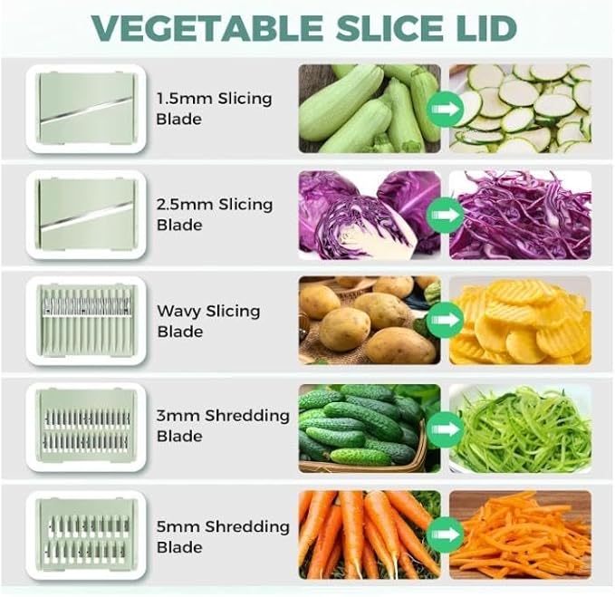 Salad Spinner Chopper Large with 5 Blades Slicer, Vegetables Fruits Wash Bowl, Lettuce Spinner and Dryer, Egg Yolk Strainer Slicer Shredder for Kitchen Colander, 5.3 Qt, Green