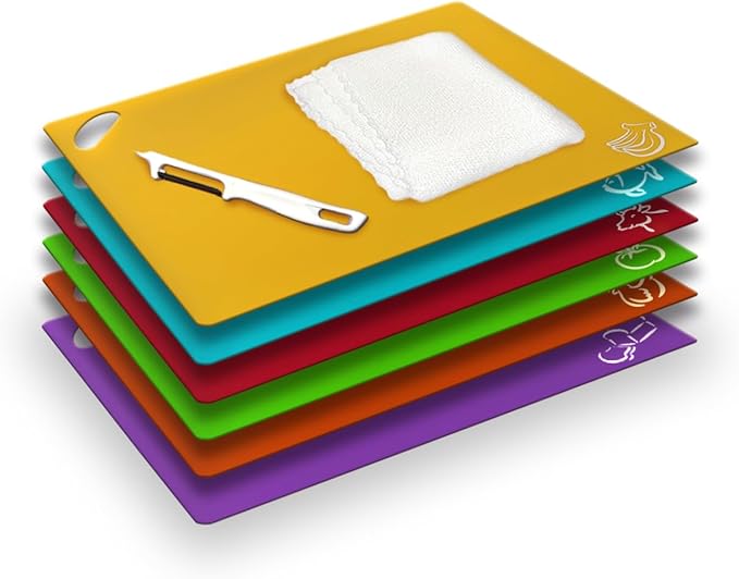 EMMANA - Plastic cutting board for kitchen. Set of 8 – 6 Color-Coded Flexible Plastic Mats with Food Icons + Peeler & Microfiber Towel – BPA-Free, Non-Slip Back, Dishwasher Safe, Durable & Non-Porous