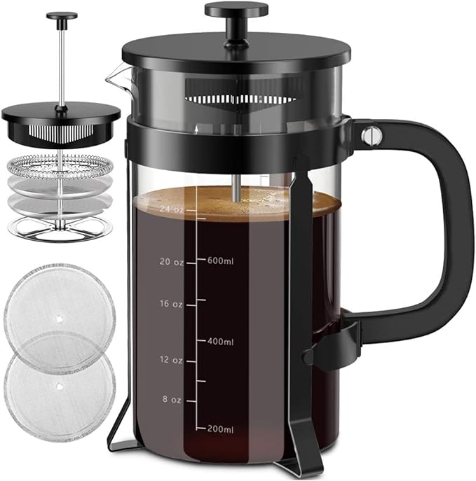 QUQIYSO French Press Coffee Maker 304 Stainless Steel French Press with 4 Filter, Heat Resistant Durable, Easy to Clean, Borosilicate Glass Coffee Press, 100% BPA Free Glass Teapot,34 ounce, Black