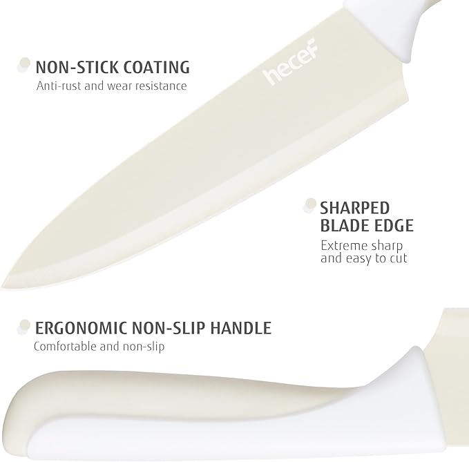 hecef 15 Pieces Kitchen Knife Set with Built-in Sharpening Wooden Block, Dishwasher Safe, High Carbon Stainless Steel Knife Block Set with Steak Knives, Kitchen Scissors, Cream White