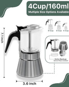 Grasseed Crystal Glass-Top Moka Pot, Polished Stainless Steel Stovetop Espresso Maker for Italian Coffee, Gift for Coffee Lovers - 4 Cup/160ml/5.6oz