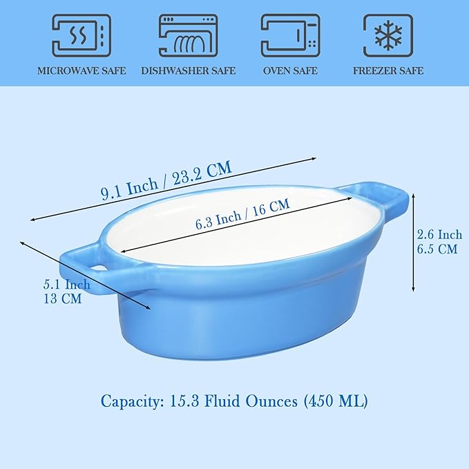 Soup Bowls With Handles 15 oz, French Onion Soup Bowl for Chili, Beef Stew, Cereal, 6" x 5" Oven Safe for Au Gratin, Ceramic Soup Crocks oven Safe, Microwave Dishwasher Safe - Set of 4, Blue