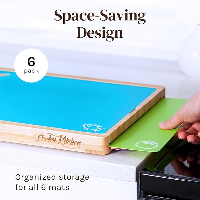 Cooler Kitchen Bamboo Cutting Board Set with 6 Color Coded Flexible Plastic Mats with Food Icons, Labeled Cutting Boards for Kitchen with Holder - BPA-Free Wooden, Dishwasher Safe, Large