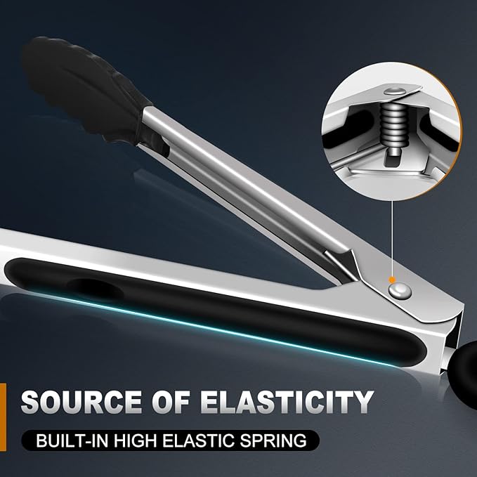 Eddeas Kitchen Tongs with Silicone Tips, Tongs for Cooking Heat Resistant 600 Degrees Stainless Steel Locking Tong - 7" 9" & 12 inch Silicone Tong Non-Stick, Black Set of 3