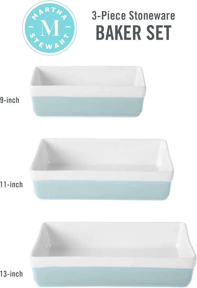 MARTHA STEWART 3-Piece Oven to Table Stoneware Bakeware Set – Baking Dish & Casserole Set – Dusty Blue – Durable Oven-Safe Bakeware for Baking and Serving