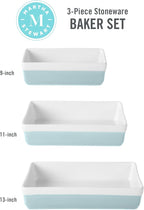 MARTHA STEWART 3-Piece Oven to Table Stoneware Bakeware Set – Baking Dish & Casserole Set – Dusty Blue – Durable Oven-Safe Bakeware for Baking and Serving