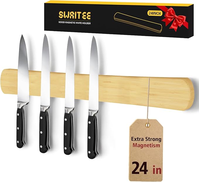 Swaitee Magnetic Knife Holder for Wall, 24 Inch Extra Large Bamboo Knife Strip with Strong Magnetism, Space Saver Organizer for Farmhouse/Restaurant Kitchen, Housewarming Gifts