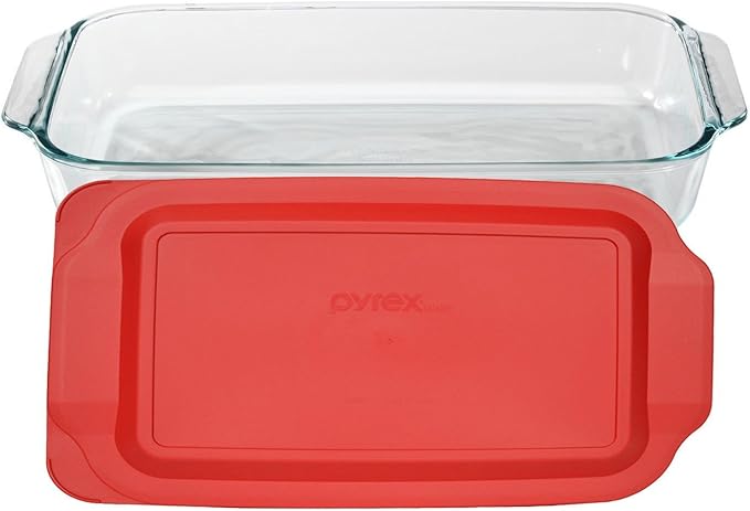 Pyrex (1) 233 3-Qt Rectangular Glass Baking Dish & (1) 233-PC Red Food Storage Lid – Clear Glass Bakeware – Perfect for Leftovers, Food Preparation and So much More - Made in the USA