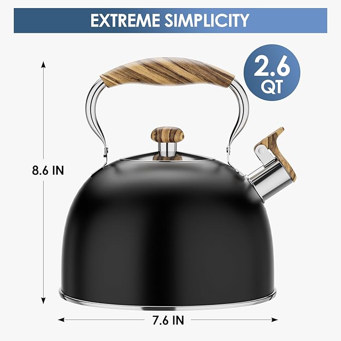 2.6 Quart Whistling Tea Kettle for Stovetop, Food Grade Stainless Steel with Cool Wood Pattern Handle, Induction Compatible, Black