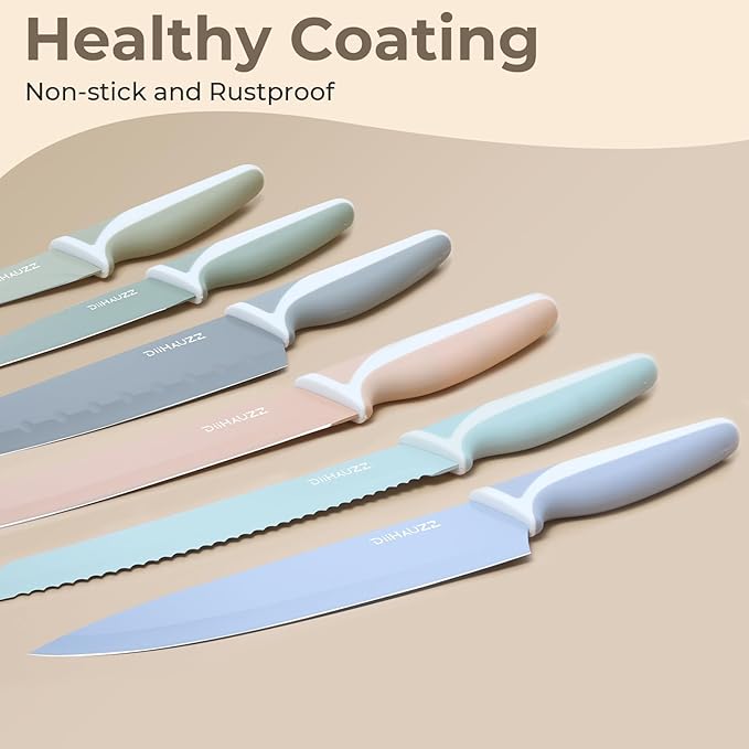 Knife Set, 12 Pieces Kitchen Knives Set with Healthy Non-Stick Coating, Dishwasher Safe Anti-Rust Stainless Steel Knives with 6 Blade Guards, Ergonomic Handles, Ideal Gift Set