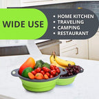 Green Round Silicone Collapsible Colander – Silicone Round Small Kitchen Strainers with Plastic Handles Foldable Kitchen Strainer Perfect for Draining Pasta Vegetable and Fruit