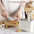 Multi Functional Kitchen Small Tool Set, 6-piece Set with Storage Stand, Fruit Food Tool Combination Set(Includes scissors, paring knife, bottle opener, grater, blender, storage base)
