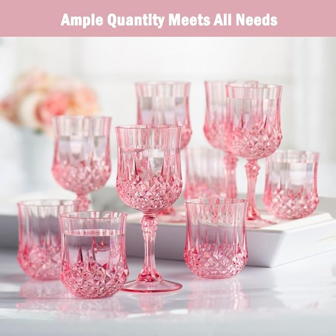 Plastic Wine Glasses, Plastic Goblets Vintage Style Cordial Unbreakable Drinking Glasses,Reusable Drinkware for Wedding Reception, Grand Event Party Supplies, Mother's Day(24, Pink)