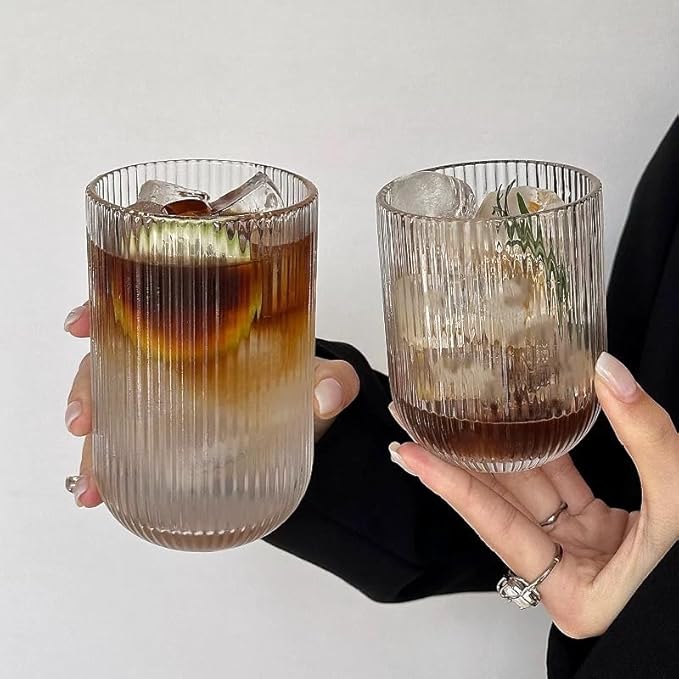 Set of 8 Ribbed Glassware,4 Highball Glasses 14oz & 4 Rocks Drinking Glasses 9oz, Clear, Origami Style, Fluted Design, for Milk, Water, Cocktail, Juice, Beer, ToothBrush Cup, Gift