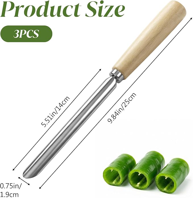 3 Pack Zucchini Vegetable Corer Tool 10" Stainless Steel Rust Resistant Fruit & Veggie Corers Stem Remover Kitchen Gadgets Coring Tool with Wood Handle for Apples, Eggplant, Hollow out for Stuffing
