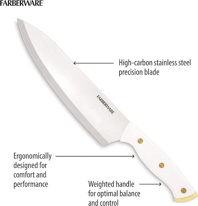 FARBERWARE 15-Piece Knife Block Set, Triple-Riveted High-Carbon Stainless Steel Kitchen Knives, Razor Sharp Blades, Wood Storage Block, White/gold