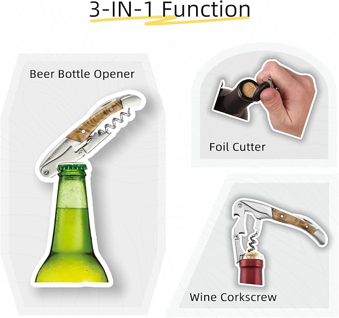 Wine Key & Corkscrew Wine Opener–3-in-1 with Foil Cutter and Bottle Opener, Professional Double Hinged Waiter's Corkscrew for Servers and Bartenders