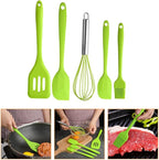 NUOBESTY 5pcs Green Silicone Baking Utensil Set Nonstick Cooking Tools Kitchen Gadgets with Whisk and Spatula for Home Baking and Cooking