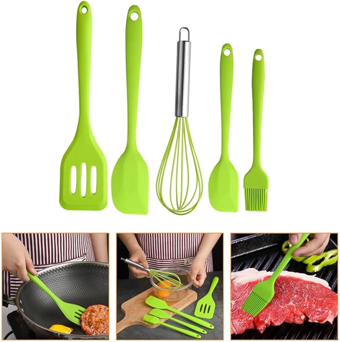ARTIBETTER 5pcs Green Silicone Kitchen Utensil Set Including Spatula, Shovel, and Egg Whisk for Baking and Cooking Tools