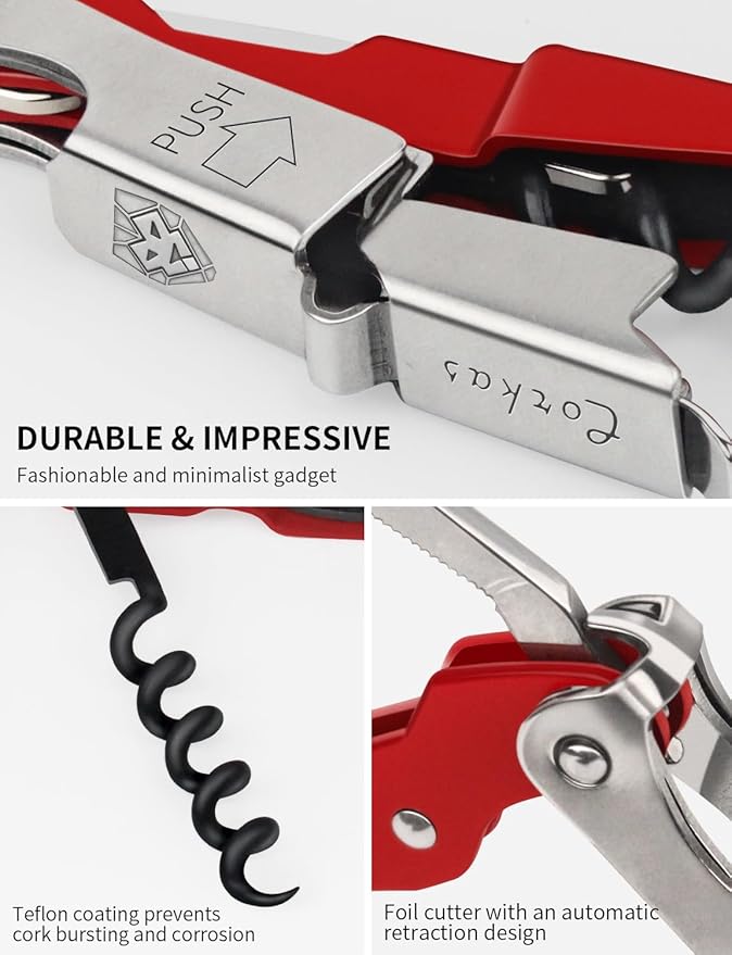 CORKAS Wine Key - Professional Handcrafted Heavy Duty Waiter Corkscrew, Compact Wine Opener with Double Hinged, Foil Cutter and Bottle Opener, Gifts for Servers, Sommelier, Bartenders - Red