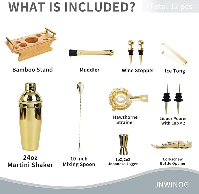 JNWINOG Cocktail Shaker Set Stainless Steel Bartending Kit 18.6oz Cocktail Bar Set Cocktail Mix Drink Making Kit Professional Bar and Home Drink Bar Tools for Bartender (Gold, 12Pcs-1)