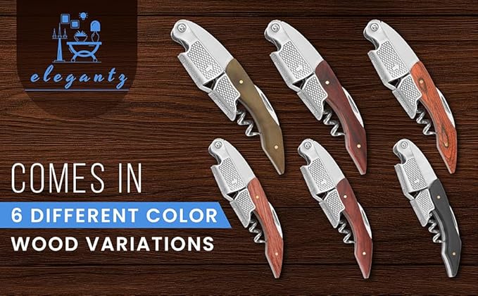 ELEGANTZ Wine Bottle Opener Set – Premium Corkscrew with Foil Cutter & Beer Bottle Opener – Ergonomic Wooden Handle for Smooth Cork Removal – Sommelier Accessories Gift for Wine Lovers
