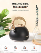 BELANKO 2.7 Quart Tea Kettle for Stovetops - Food Grade Stainless Steel Teapot with Loud Whistle, Cool-Touch Wood Pattern Handle, Rust-Resistant Whistling Kettle - Matte Black