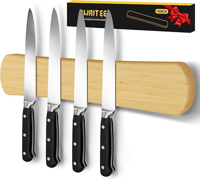 Swaitee Magnetic Knife Holder for Wall, 10 Inch Bamboo Strong Magnetic Knife Strip, Small Kitchen Storage Space Savers, Rv/Apartment/Farmhouse Accessories Organizer, Housewarming Gifts for New Home