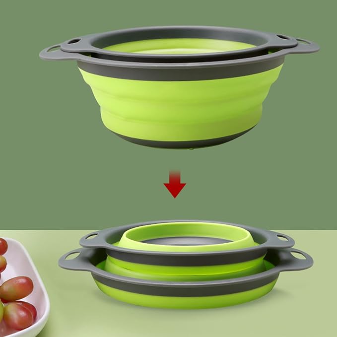Collapsible Colander, Set of 2 Pcs Collapsible Strainer, Space-Saving Kitchen, Food-Grade Silicone Folding Strainer Colander with Handle, Green