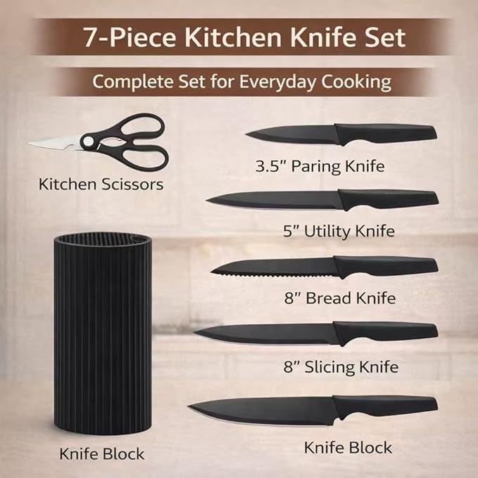 Small Knife Block Set, Modern Kitchen Knife Scissors with Universal Round Holder, Home Apartment New Kitchen Essentials, Space Saving, Dishwasher Safe(Black, 7PCS)