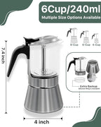 Grasseed Crystal Glass-Top Moka Pot, Polished Stainless Steel Stovetop Espresso Maker for Italian Coffee, Gift for Coffee Lovers - 6 Cup/240ml/8.4oz