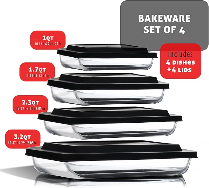 EATEX 8-Piece Deep Glass Casserole Dishes for Oven with Plastic Lids, Glass Baking Dishes for Oven, Rectangular Bakeware for Lasagna, Cooking, Leftovers, Kitchen, Freezer to Oven Dishwasher Safe