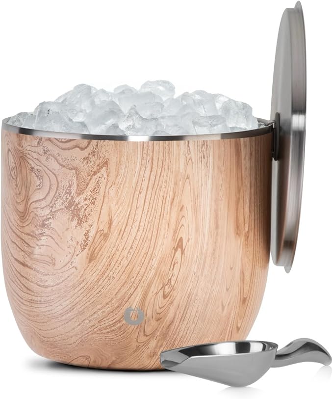 Snowfox XL - Insulated Ice Bucket with Lid/Scoops, Premium Vacuum Insulated Stainless Steel Ice Buckets for Parties, Ice Box, Home Bar Accessories, Parties Supplies, Bar Decor, 7L, Natural Teak
